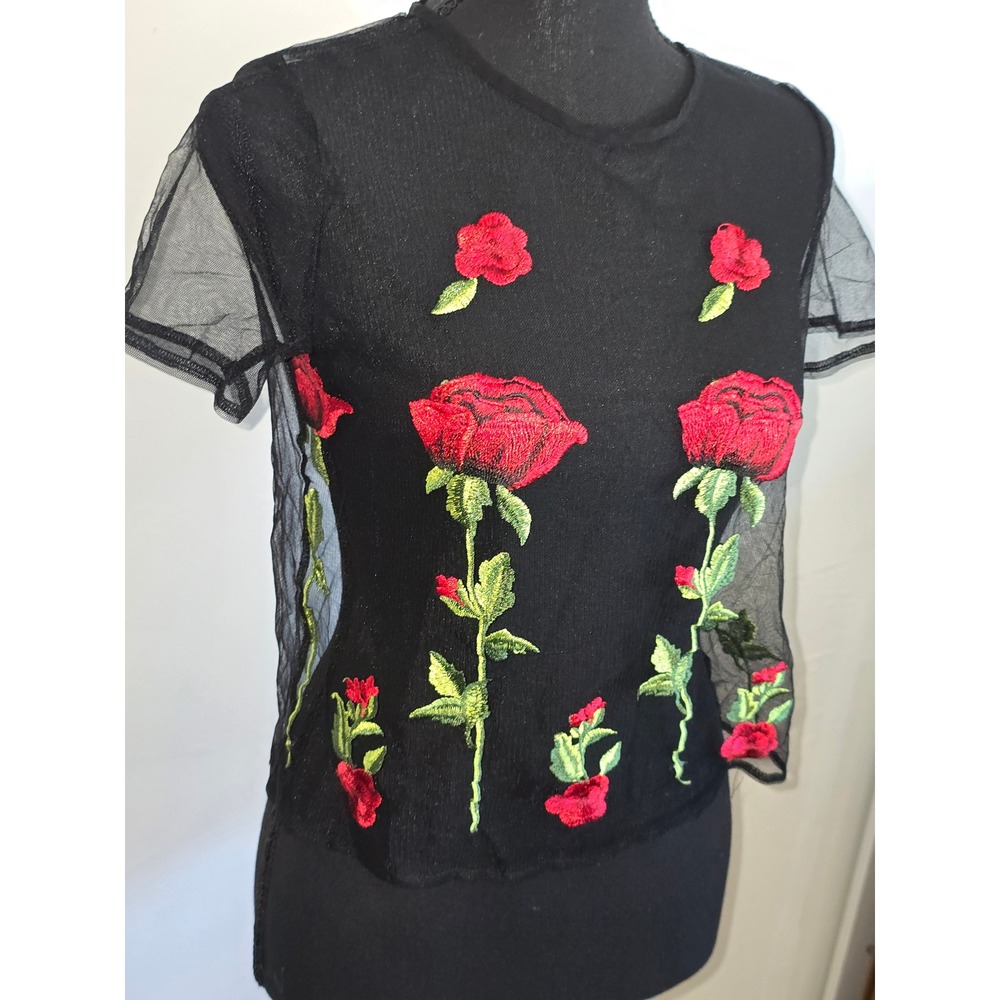Women Sheer Mesh Top Medium Black Red Rose Embroidered Floral Y2K festival - Picture 3 of 13